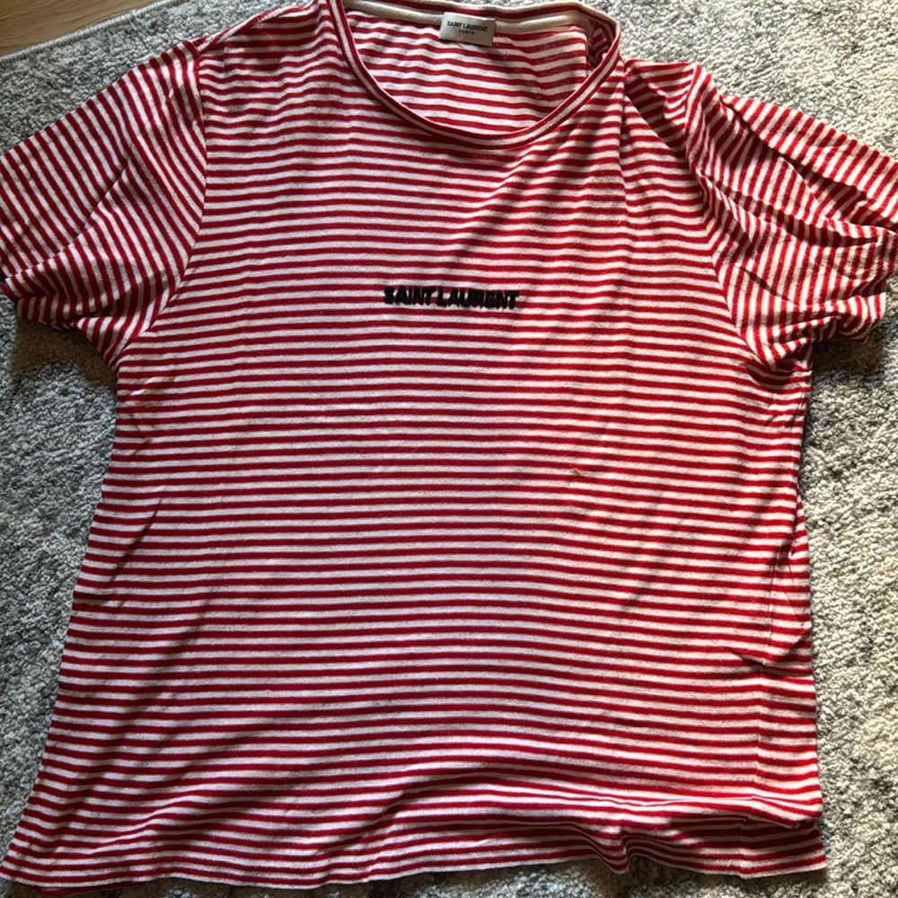 Saint Laurent Paris White & Red Striped Logo T-Shirt